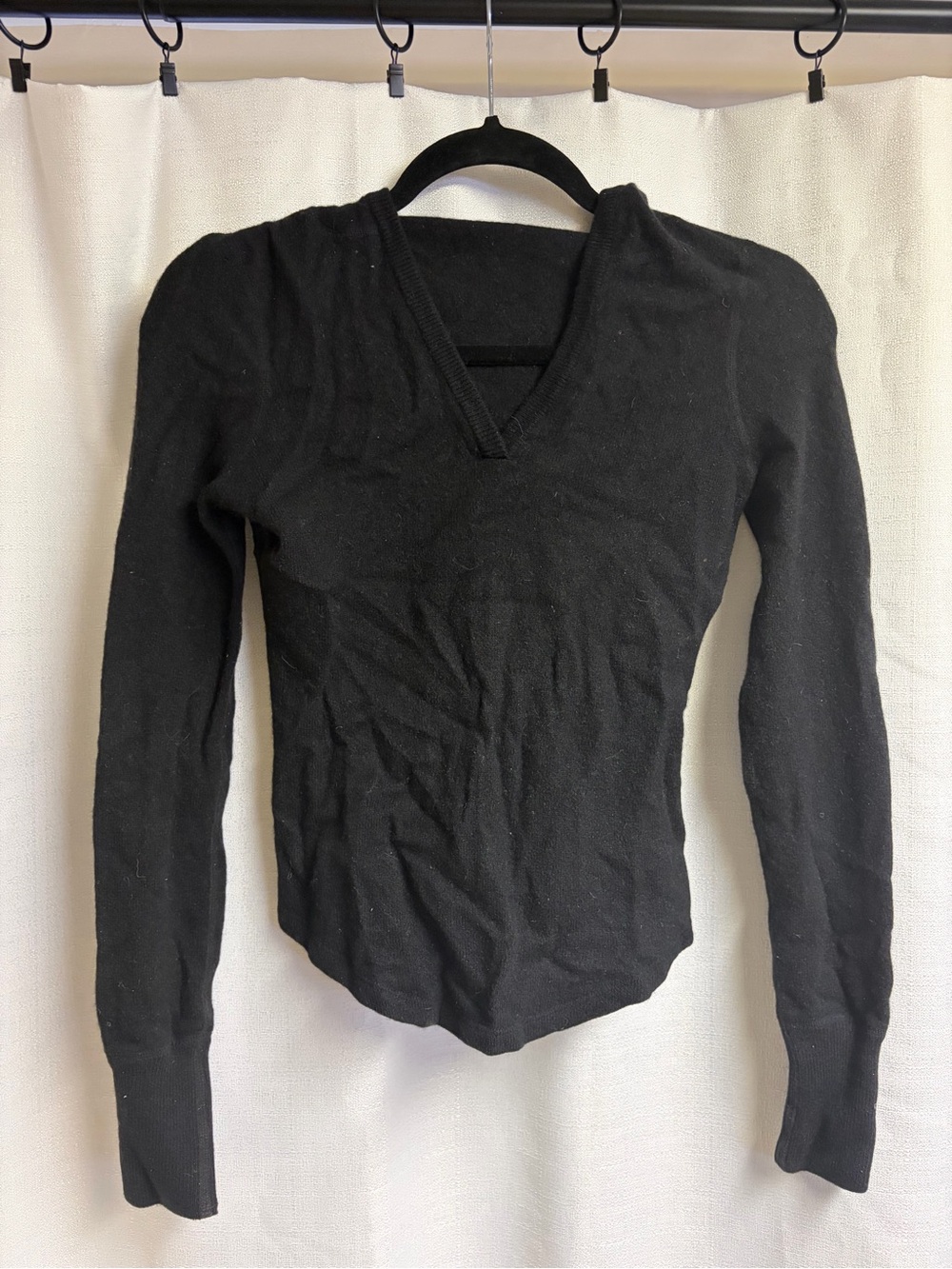Black V-Neck Cashmere Hooded Sweater